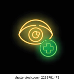 Augenpflegesymbol, Umrissvektor. Medizinische Karte. Ärztliche Neonfarbe des Patienten einzeln auf Schwarz