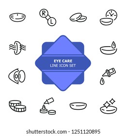 Eye care line icon set. Lens, container, solution. Vision concept. Can be used for topics like sight, ophthalmology, medicine