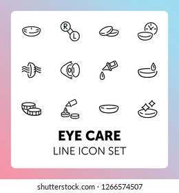 Eye care line icon set. Lens, container, solution. Vision concept. Can be used for topics like sight, ophthalmology, medicine