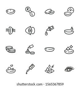 Eye care line icon set. Lens, container, solution. Vision concept. Can be used for topics like sight, ophthalmology, medicine