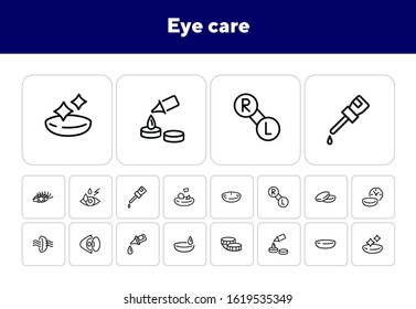 Eye care line icon set. Lens, container, solution. Vision concept. Can be used for topics like sight, ophthalmology, medicine