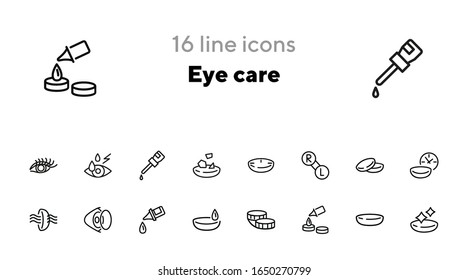 Augenpflegezeilensymbol eingestellt. Linsen, Behältnis, Lösung. Vision Konzept. Kann für Themen wie Sicht, Augenheilkunde, Medizin
