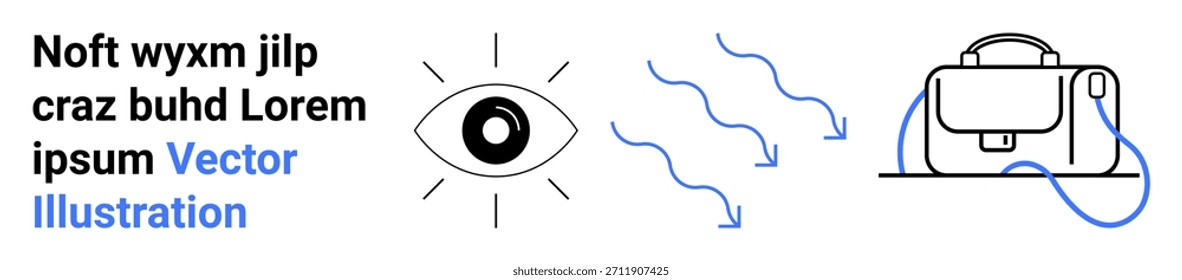 Cuidado de los ojos, artículos esenciales de viaje, conexión visual, marca, ideas ópticas, seguridad. Icono de ojo minimalista con flechas que conducen a una bolsa. Cuidado de los ojos y artículos esenciales de viaje