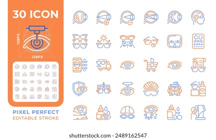 Cuidado de los ojos dos iconos de línea de color conjunto. Protección de la visión. Mantenimiento del equipo. Examen de la visión. Prueba de percepción bicolor contorno iconset aislado. Pictogramas duotónicos delgados lineales. Trazo editable