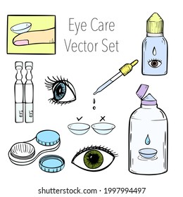Eye care vector hand drawn simple illustrations set. Health care doodle icons collection. Medical eye health illustration.
