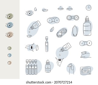 Eye care vector set. Contact lenses doodle vector illustrations. Eye lens, drops, tweezers, case, wash liquid, colored contacts, calendar.