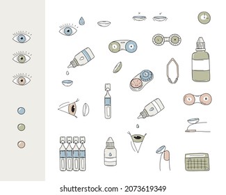 Eye care vector set. Contact lenses colored doodle vector illustrations. Eye lens, drops, tweezers, case, wash liquid, colored contacts, calendar.