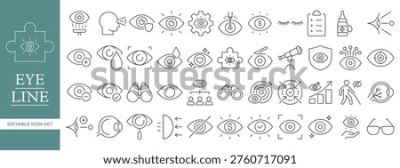 Eye Care and Vision Line Icon Set with Ophthalmology, Optometry, Eye Test, Vision Protection, Medical Eye, UI Visibility and Security Editable Vector Outline Symbols