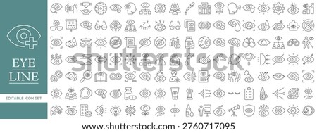 Eye Care and Vision Line Icon Set with Ophthalmology, Optometry, Eye Test, Vision Protection, Medical Eye, UI Visibility and Security Editable Vector Outline Symbols