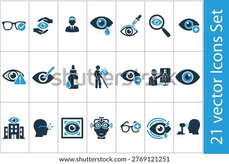Eye Care and Vision Vector Icon Set. Ophthalmology, glasses, eye test, drops, laser treatment and medical symbols. Solid style.