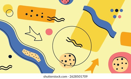 Eye catching abstract graphic featuring curved orange shapes and circular pink details with expressive black doodles on a pastel yellow canvas.