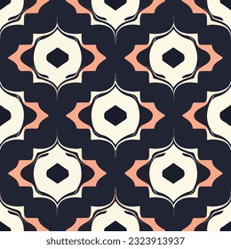 Patrón Art Déco de atracción ocular, representado en blanco y negro, contrasta con un fondo naranja en un diseño de tela sin fisuras.