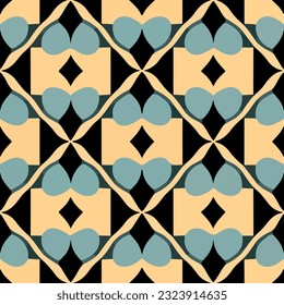 Eye catching art deco pattern in black and yellow, complemented by blue circles. repeating fabric pattern evokes sense of sophistication and belongs to the art nouveau genre.