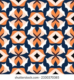 Eye catching art deco pattern in orange and blue, set against a sleek black background. The repeating fabric pattern adds depth to this abstract design, perfect for various applications.