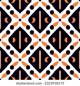 Eye catching black and orange pattern consisting of circles, reminiscent of art deco aesthetics, an orange backdrop.