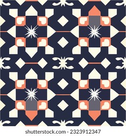 Eye catching black and white pattern with pops of orange, offering striking and repeating design suitable for fabrics or various decorative applications.