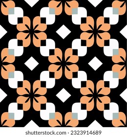 Eye catching black and white pattern showcasing vibrant orange flowers, incorporating playful peppermint motif and charming repeating fabric pattern.