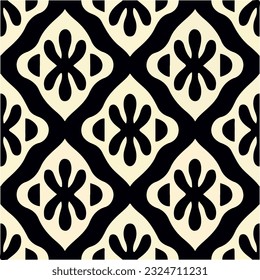 Los ojos atrapan un patrón blanco y negro en un fondo blanco prístino. Los elementos art deco, el patrón de tela repetida y los motivos damascos se combinan para formar un diseño visualmente atractivo.