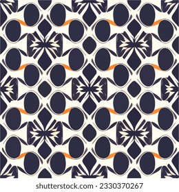 Eye catching black and white pattern, accentuated by vibrant orange touches, displays an abstract and art deco inspired design. This repeating fabric pattern exhibits a harmonious combination.