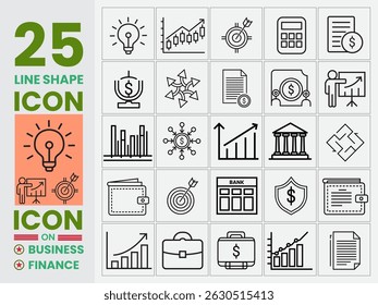 Eye catching business and finance vector line icon shape set. Business and finance line shape icon on currency, economy, marketing, banking, chart, financial, graph, growth, revenue, success progress