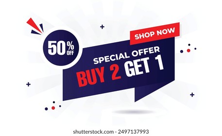 Eye catching Buy 2 Get 1 Free special offer banner with 50% off, featuring a white background, blue gradient, and red vector shapes, perfect for driving sales special, sale, discount, offer, promotion