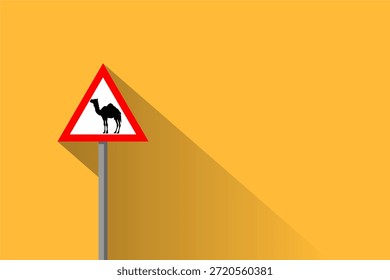 Iniciar sesión de advertencia de cruce de camellos llamativo, un estilo de diseño plano vibrante perfecto para ilustrar las aventuras de viaje por el desierto Alertas de seguridad, un Vector limpio Gráfico