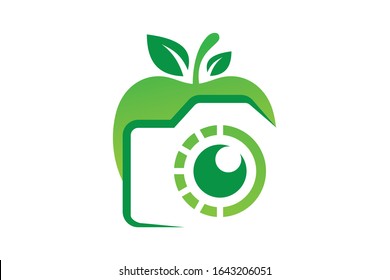Eye Catching Camera Lens Embedded in an Apple Shape Logo Design with Leaves