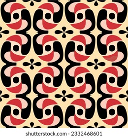 Eye catching combination of black and red patterns on a vibrant yellow backdrop, reminiscent of peppermint motifs with elements of both art nouveau and art deco styles.