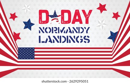 Eye catching curved flag elements framing bold typography, perfect for honoring D Day and American heroes.