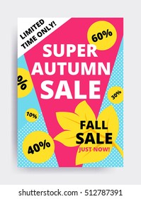 Eye catching design autumn sale website banner template. Bright colorful vector illustrations for social media, posters, email, print, mobile phone designs, ads, promotional material. Yellow Pink Blue