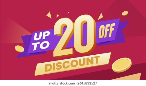 Eye catching discount promotional banner with dynamic typography, purple ribbon, and scattered golden coins on a vibrant red background.