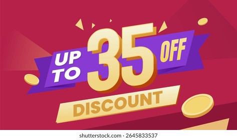 Eye catching discount promotional banner with dynamic typography, purple ribbon, and scattered golden coins on a vibrant red background.