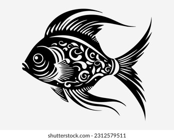 Eye catching hand drawn logo design illustration showcasing a fish tribal tattoo, embodying resilience, fluidity, and the depths of the ocean