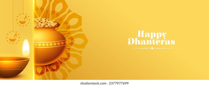 eye catching happy dhanteras event poster with glowing diya and coin kalasha vector. Translation: Happy Dhanteras, dhan means wealth teras means thirteen
