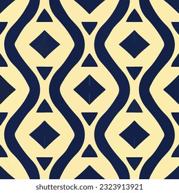 Eye catching image displaying vibrant blue and yellow pattern, drawing inspiration from both art deco and Shipibo designs, incorporating captivating blue and black color scheme.