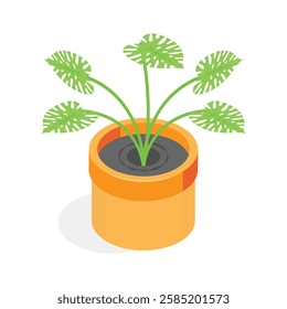 An eye catching isometric icon of a plant in a decorative, square planter.