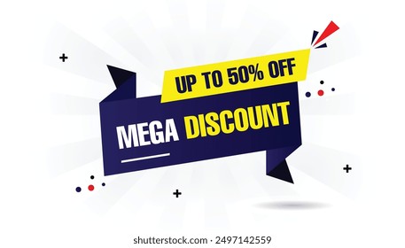 Eye catching mega discount banner template with up to 50% off, featuring a white background with dark and light blue gradients and yellow shapes, perfect for sales and promotions