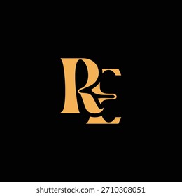 Un llamativo diseño de monograma con letras R y E entrelazadas en un estilo vintage ideal para la identidad y el logotipo de la marca de lujo
