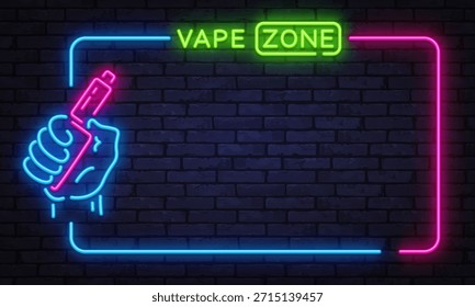 Eye catching neon vector border with vape zone sign and hand holding device. Designed for shop banners, night city visuals, and bold modern promotions.