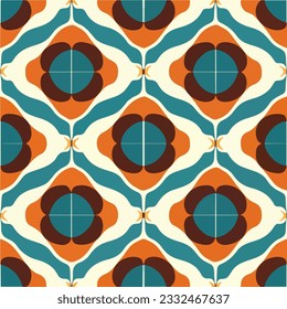 Eye catching orange and blue pattern on a white background, reminiscent of 70s design. This art deco inspired seamless pattern is ideal for various applications.