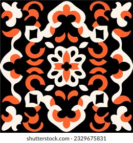 Eye catching orange and white pattern set against a black background. The design features a peppermint motif, boasting rotational symmetry and an ornate geometric pattern. Its vibrant colors.