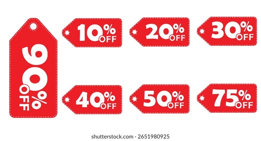 Eye Catching Red Sale Tags Featuring Different Discount Percentages for Retail Marketing and Promotional Campaigns Aimed at Consumers