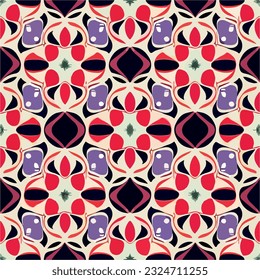 Eye catching red, white, and blue pattern adorned with circles, evoking an art nouveau aesthetic and crafted for seamless integration.