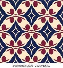 Eye catching red and white pattern displayed on blue background. Drawing inspiration from art nouveau, it incorporates elements of aizome pattern and art deco, resulting in captivating.