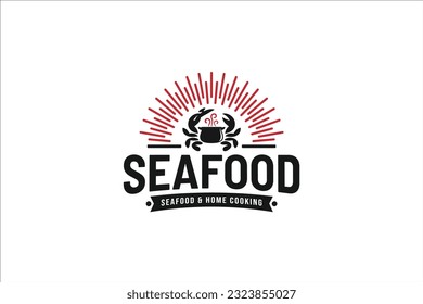 eye catching seafood and home cooking logo with combination of a crab, cauldron and sunshine in vintage style