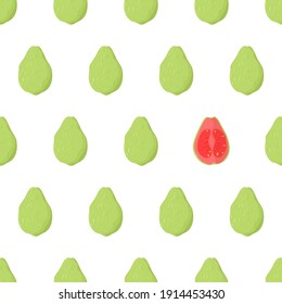 Eye catching seamless pattern with green guava whole fruit and one pink cut in half. Nature food vector illustration. Organic textile. Healthy food on white background.