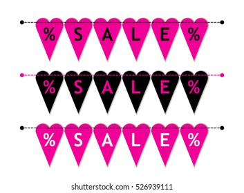 Eye catching set of heart shaped Valentines Day SALE bunting flags as different bright garlands with percent symbols