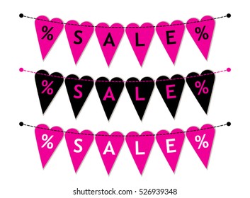 Eye catching set of heart shaped Valentines Day SALE bunting flags as different bright garlands with percent symbols