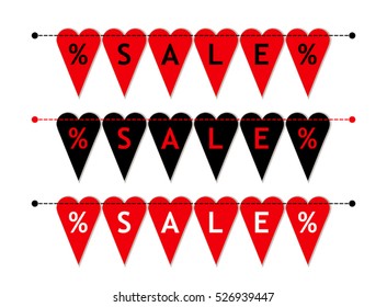 Eye catching set of heart shaped Valentines Day SALE bunting flags as different bright garlands with percent symbols