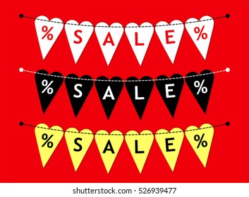 Eye catching set of heart shaped Valentines Day SALE bunting flags as different bright garlands with percent symbols